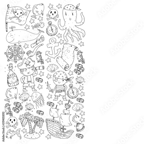 Pirate party. Illustrations for little children. Kids birthday celebration with treasure island, octopus, pirates