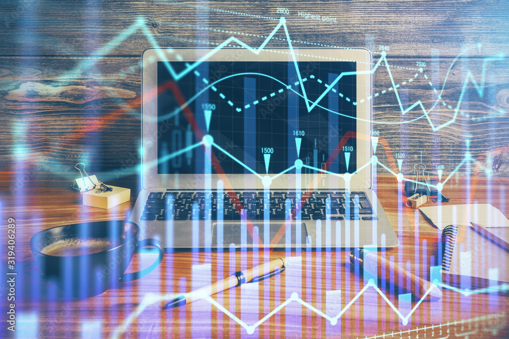 Double exposure of forex graph and work space with computer. Concept of international online trading. Double exposure of forex graph and work space with computer. Concept of international online trading.