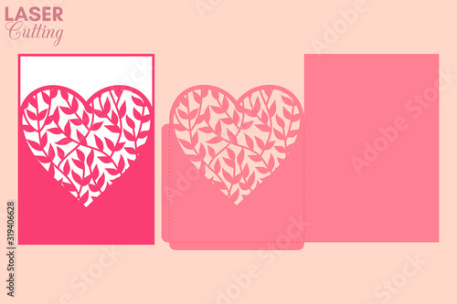 Laser cut pocket envelope with leaves and branches patterned heart. Template for cutting. Wedding invitation or valentine greeting card mockup with lace heart.