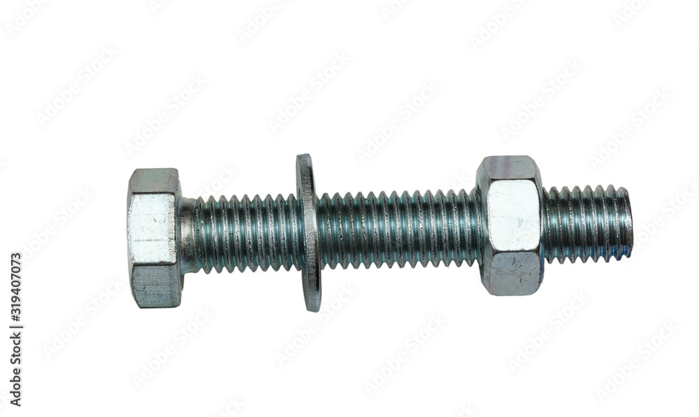 bolt with nut and washer isolated on a white background lies horizontally. bolt with nut and washer isolated on a white background lies horizontally.