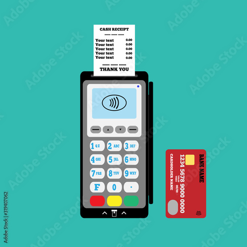 Portable terminal for contactless payment, a cash receipt template and plastic Bank card. Flat vector illustration.