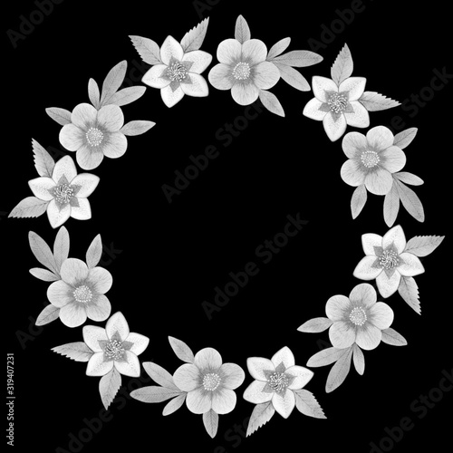 Monochrome floral wreath  isolated on a black background. Round frame of hand drawn flowers. Black and white illustration