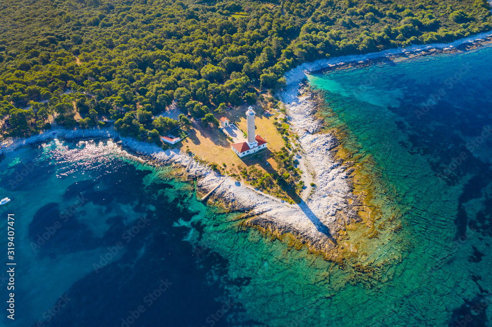 Croatia, Adriatic coastline, aerial view of lighthouse of Veli Rat on the island of Dugi Otok, beautiful seascape in early morning