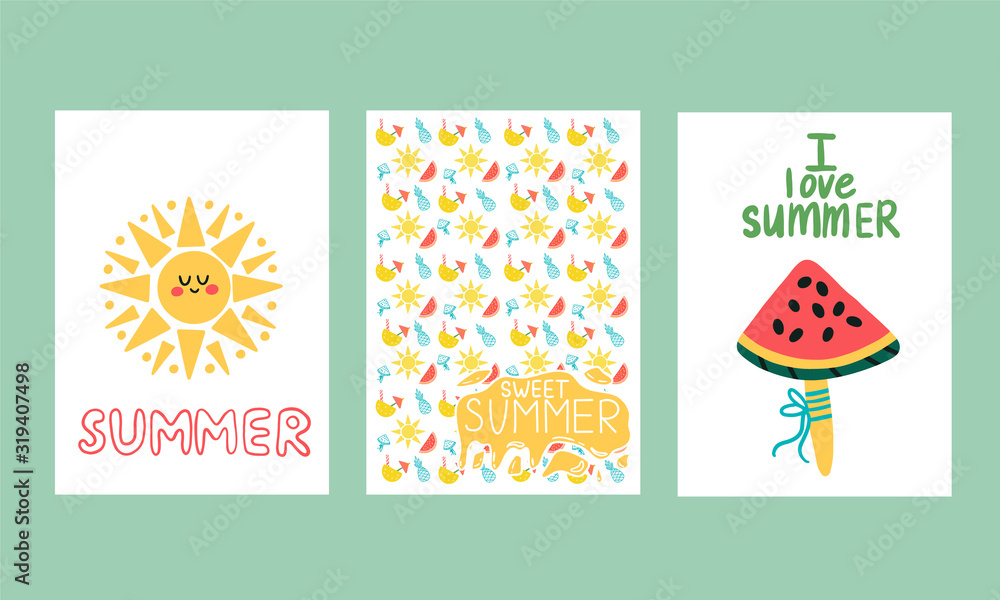 Set of cartoon colorful cute summer cards with sun, watermelon and pattern of bright elements. Freehand lettering with the phrase summer and i love summer.