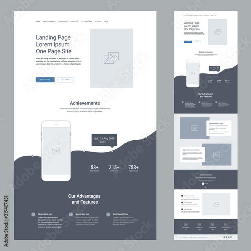 Landing page design template for business. One page website wireframe. Modern responsive design. Ux ui website: achievements, advantages, features, special benefits, testimonials, opportunities, info.