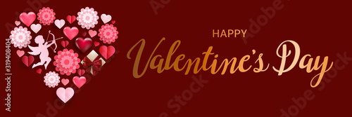 Happy Valentine's day lettering text with volumetric hearts, a cupid and paper flowers combined in a heart shape on red background. Handwritten festive greeting card, banner template, vector.