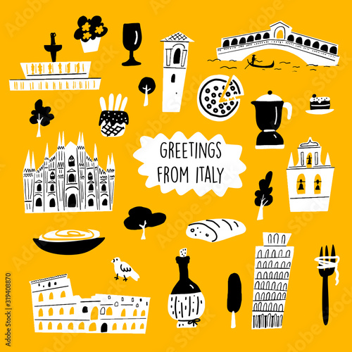 Vector cartoon illustration of italian architecture, tourist attractions and cultural symbols.