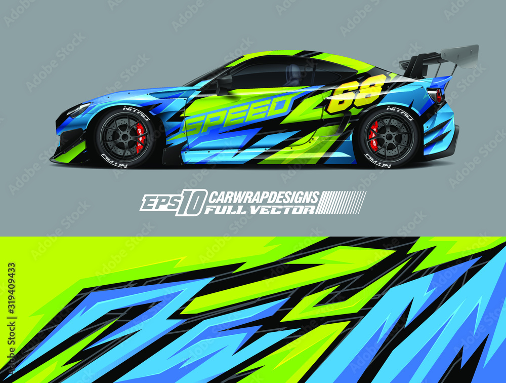 Car wrap decal graphic design. Abstract stripe racing background designs for wrap cargo van, race car, pickup truck, adventure vehicle. Full vector Eps 10