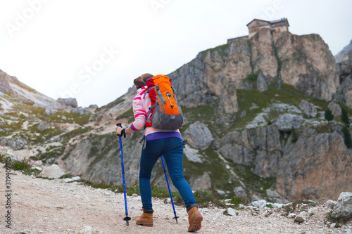 tourist girl at the Dolomites