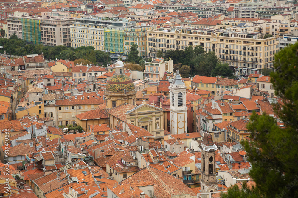 Top view on the roofs of Nice. Ancient architecture in Europe, old town.