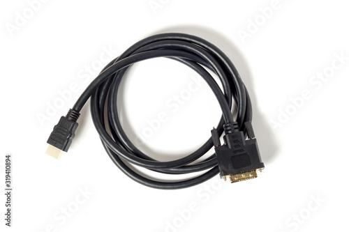black HDMI-DVI cable with gold-plated contacts on a white isolated background, top view