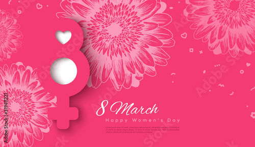 Plakat March 8 and female symbol in paper cut style . Hand drawn sunflowers on pink background. International Women's day. Vector illustration. Place for your text