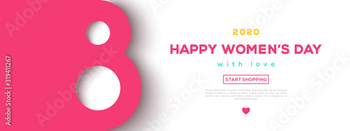 March 8 symbol in paper cut style with shadow. International Women's day pink background. Vector illustration. Place for text. Figure eight for greeting card, flyer or brochure template.