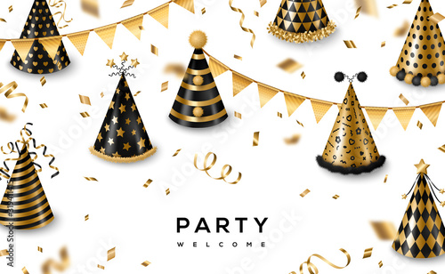Carnaval funfair card with gold and black party caps on white background. Vector illustration. Place for text. Streamers, confetti and hanging flag garlands.