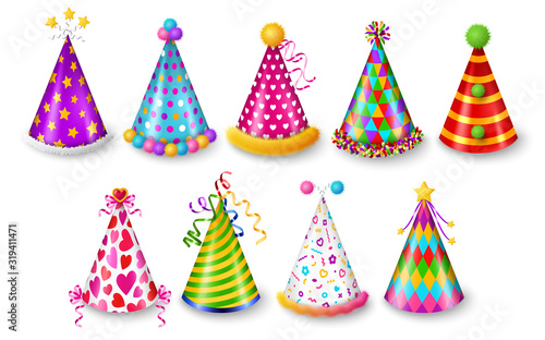 Set of party hats isolated on white background, New year and Carnival celebration elements. Vector illustration. Colorful caps with patterns, funny holidays design