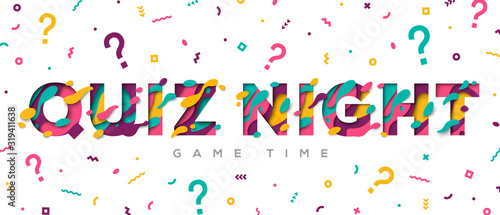 Quiz night typography design with abstract paper cut shapes on white background. Vector illustration. Colorful 3D carving art. Fast questions and answers game