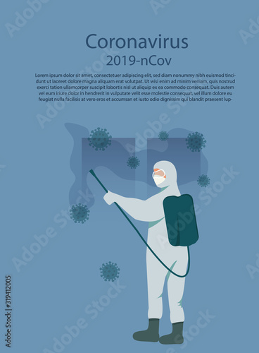 Men wearing chemical protective suit Spraying chemical to protect coronavirus 2019-nCoV concept
