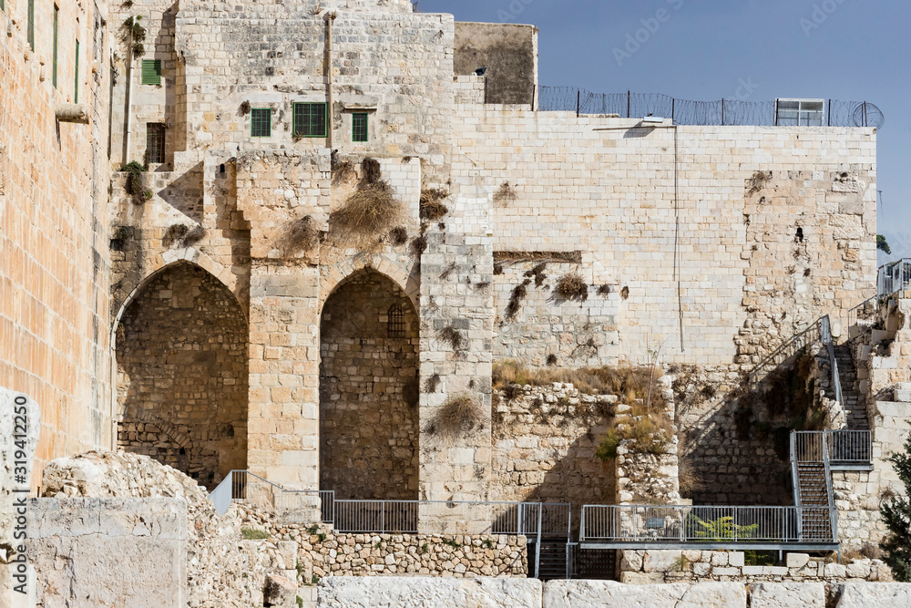 The Ancient Wailing Wall, part of the old city of Jerusalem around the Temple Mount.