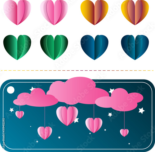 Herz Webbanner und Auswahl in verschiedenen Farben, Ballon Etikett mit Wolken