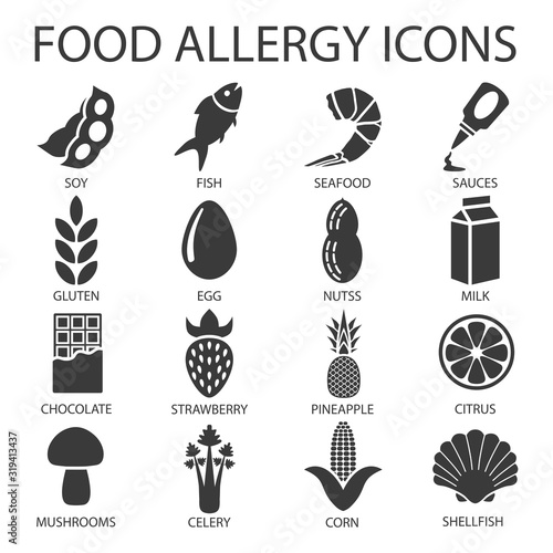 Set of food icons that cause allergies. Silhouettes of fruits, vegetables, cereals and seafood. Vector illustration isolated on white background for design and web.