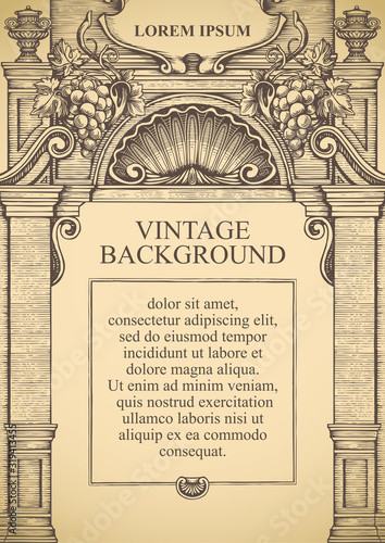 Hand-drawn background or frame for a diploma or certificate in a vintage style. Vector illustration with an ornate drawing of an old building facade and place for text on the old paper backdrop