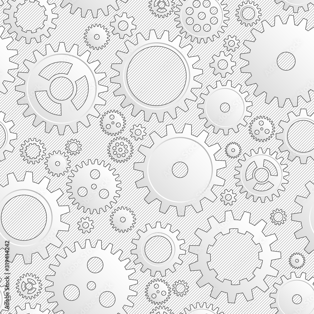 Vector Drawing Mechanical Cogwheel Seamless Pattern. Lignt Grey Gear And Cog Site Background. Collection Of Clockwork Gear Wheels, Different Configuration. Mechanical Engineering Drafting.