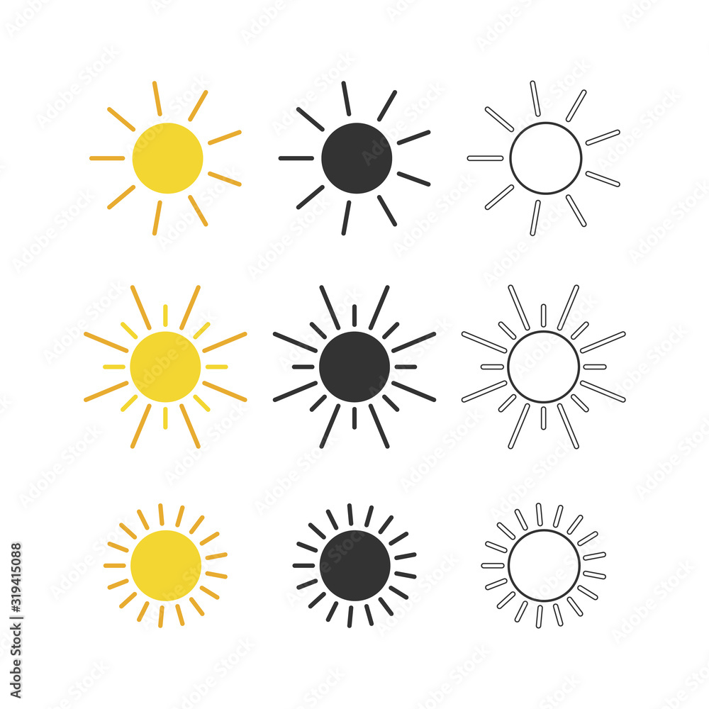 Sun icons collection yellow black and outline set. Vector illustration