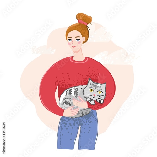 A cheerful young girl holding a gray cat drawn in a flat style against an abstract pink sky. The concept of a banner about homeless animals, volunteer assistance to Pets. Cute vector illustration.