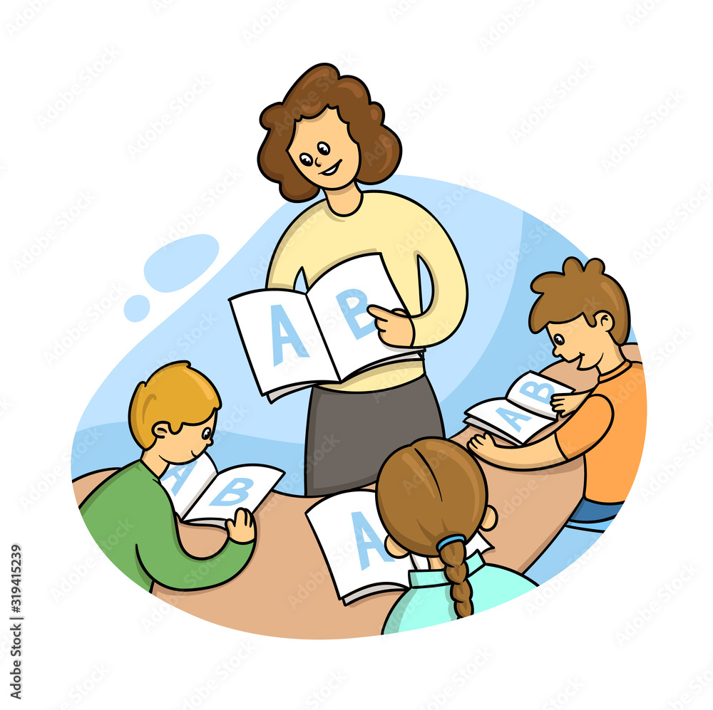 Reading with a teacher, speech therapy. Educational center. Kids learning alphabet letters through educational game. Flat vector illustration, isolated on white background.