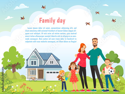 Happy father day  mother day  family holiday daughter and sons hold dad and mother. Concept greeting card flat vector illustration