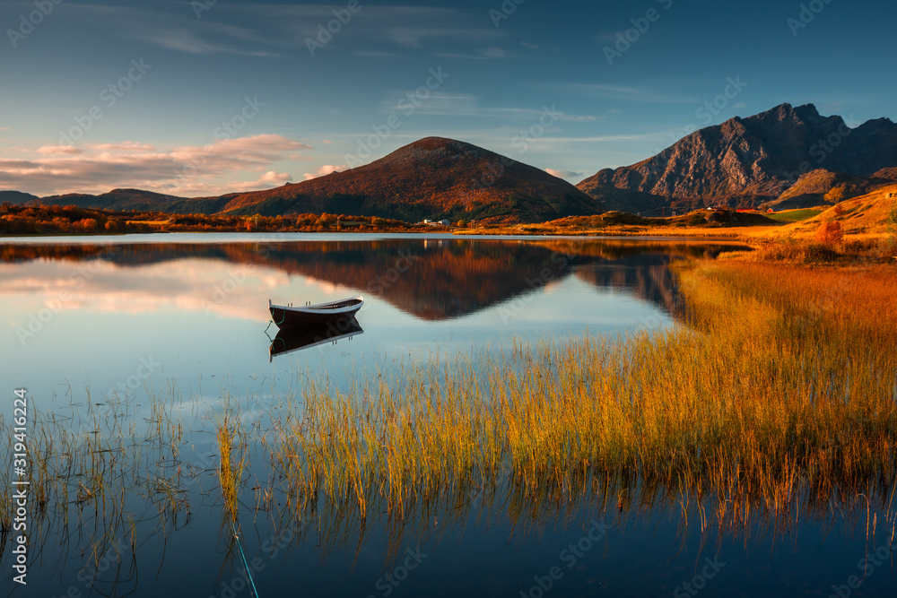 Autumn in Lofoten wiht pretty colours and great light. Norway landscapes with mountains.