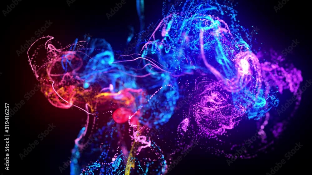 injection of fluorescent ink in water in 4k. 3d render of glow particles in ink flow. Interaction of two colliding flows. Luma matte as alpha channel. Shiny ink effect advection. 7 injection of fluorescent ink in water in 4k. 3d render of glow particles in ink flow. Interaction of two colliding flows. Luma matte as alpha channel. Shiny ink effect advection. 7