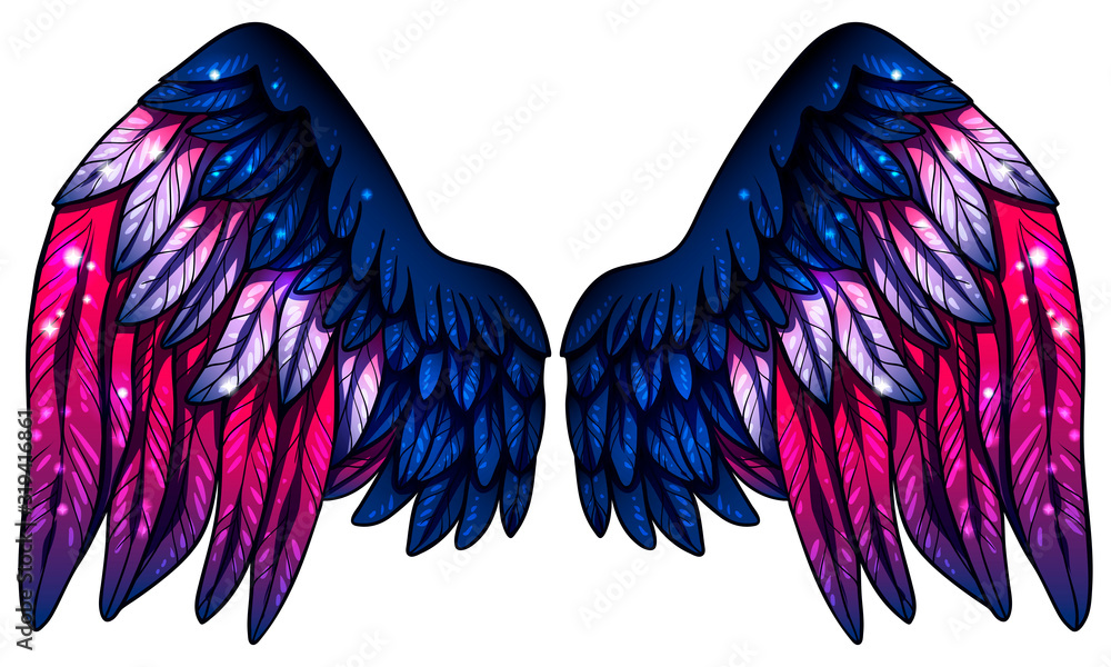 Obraz premium Beautiful magyc shiny glittery dark blue violet magenta wings, hand drawn vector