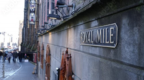 Wide Shot of The Royal Mile Street sign in Edinburgh, Scotland. The most famous street in Scottish history. UK Travel & Tourism photo