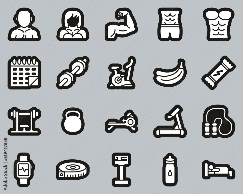 Bodybuilding Icons White On Black Sticker Set Big Bodybuilding Icons White On Black Sticker Set Big