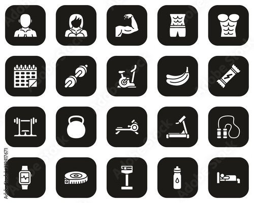 Bodybuilding Icons White On Black Flat Design Set Big