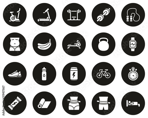 Home Exercise Icons White On Black Flat Design Circle Set Big
