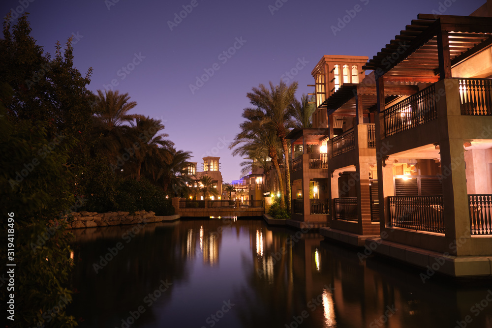 Dubai, UAE - November 21, 2019: Area Hotel Jumeirah Al Qasr. Built in the style of the summer residence of the sheikh. Located on a private beach.