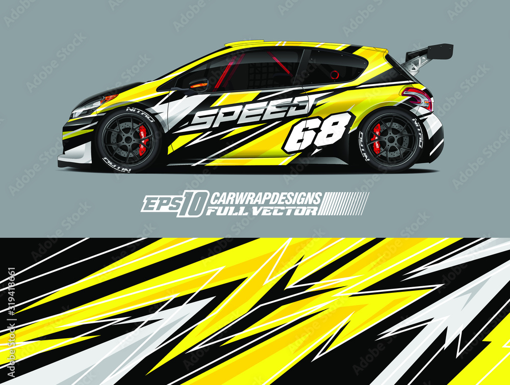 Car wrap decal graphic design. Abstract stripe racing background designs for wrap cargo van, race car, pickup truck, adventure vehicle. Full vector Eps 10