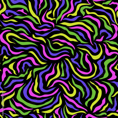 Seamless abstract neon colors pattern with waves and curves.