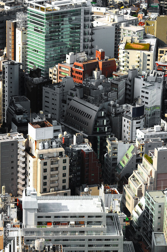 Aerial view of downtown Tokyo Shibuya where small multi purpose buildings gather