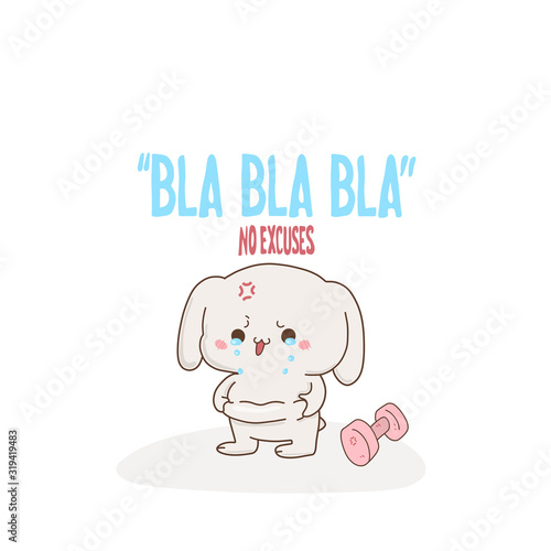 Cute bunny crying because fat, vector hand-drawn illustration in kawaii style. Bla Bla Bla no. Excess weight . cartoon doodle for children's textiles, t-shirts or postcards.