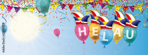 Helau Narrenruf, Luftballons mit Konfetti, Girlanden und Narrenkappen