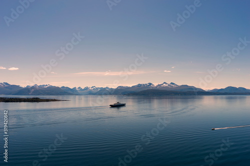 Panoramic mountain view with some islands in the fjord in Molde, Norway
