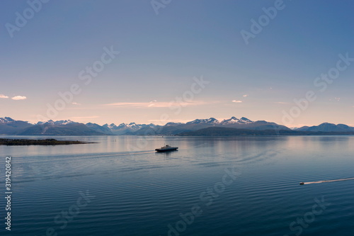 Panoramic mountain view with some islands in the fjord in Molde, Norway photo