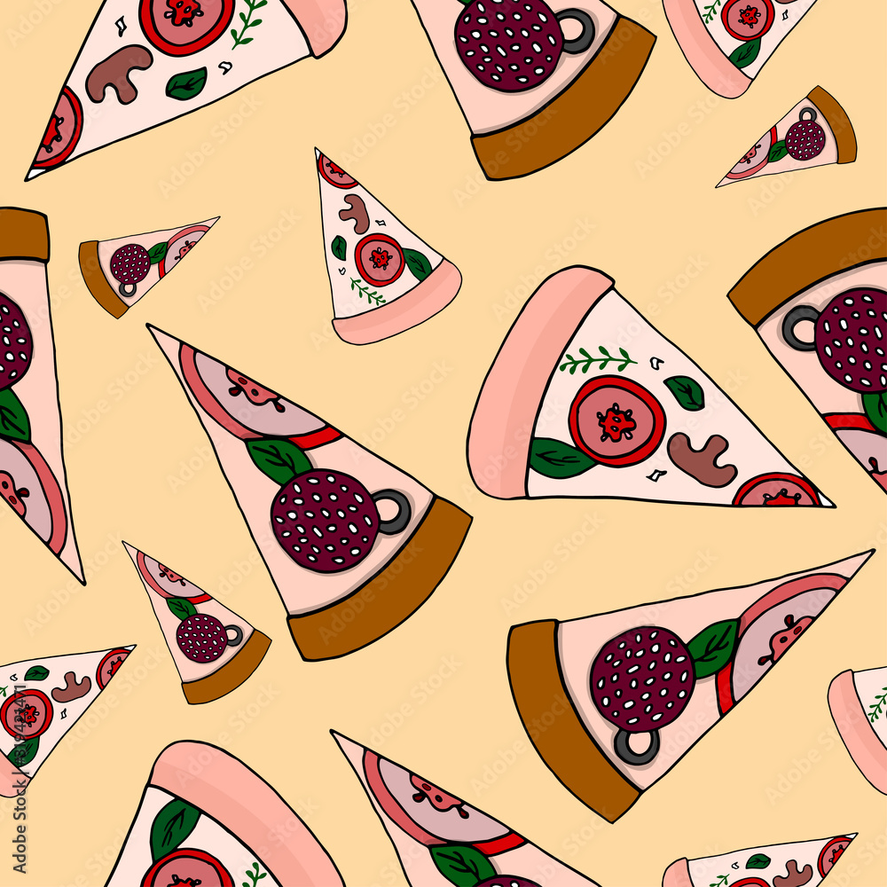 Seamless pattern of sliced pizza on a beautiful background. Vector hand-drawn illustration.