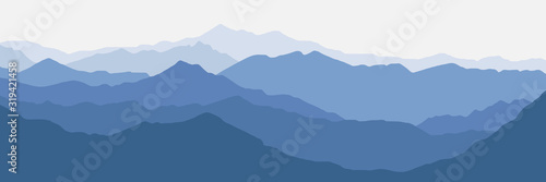 Vector illustration of mountains, ridge in the morning haze, panoramic view