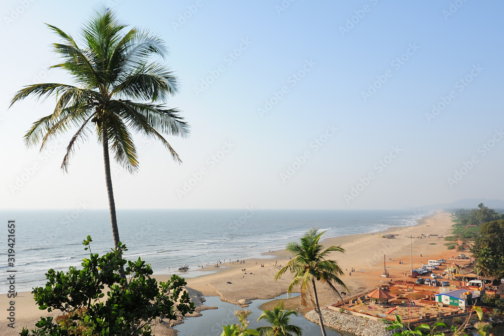 Top view of Central Gokarna beach, Karnataka, India. A long coastline with houses, boats and cars, people and cows against the sea and palm trees.