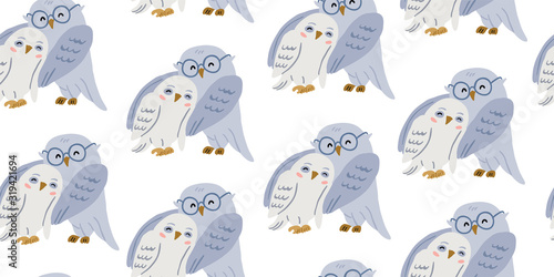 Seamless pattern with cute owls couple  in love