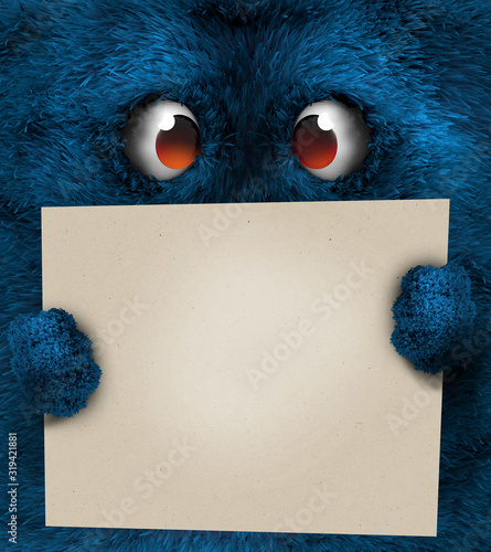 blue furry face monster with sign